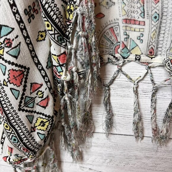 Billabong Kimono Cardigan Size S/M Salty Waves Geometric Aztec Print Fringe Boho - Picture 8 of 16